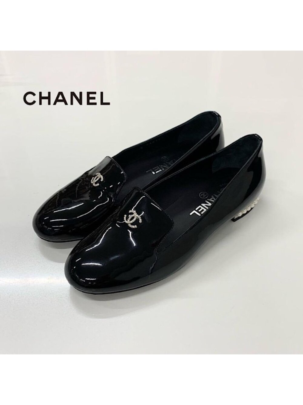 Chanel CC Logo Patent Pearl Opera Shoes Loafers Black